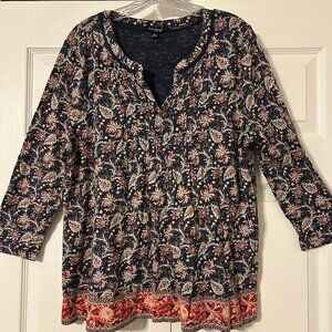 LUCKY BRAND Sz XL Navy Blue w/ Red & Cream Floral Boho Peasant Top